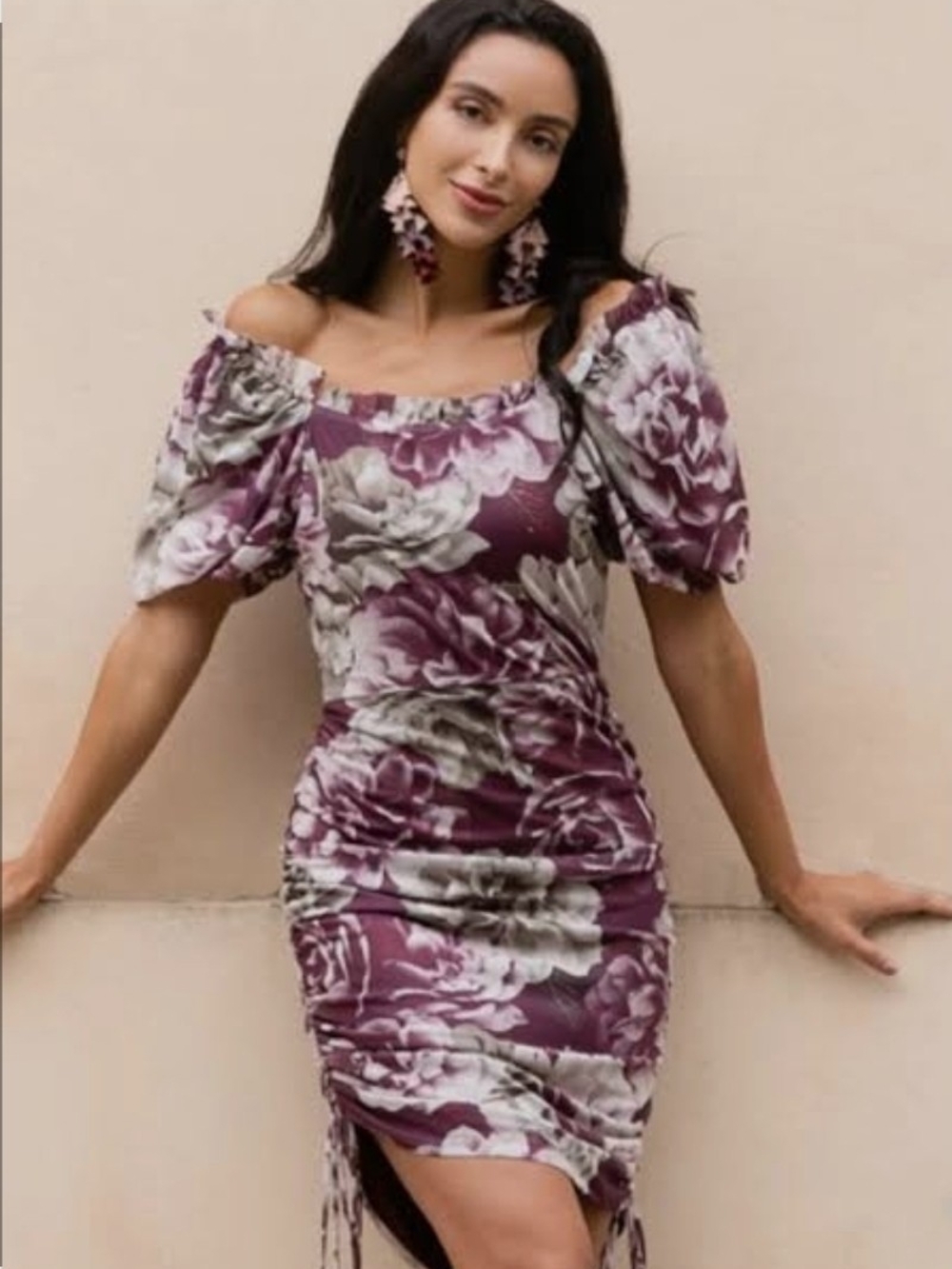 Mia Joy By Joyfolie Mauve Cream Floral Lined Mesh Dress, Adjustable Length